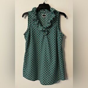 Mud Pie Blue Green White scalloped print sleeveless blouse with ruffle collar